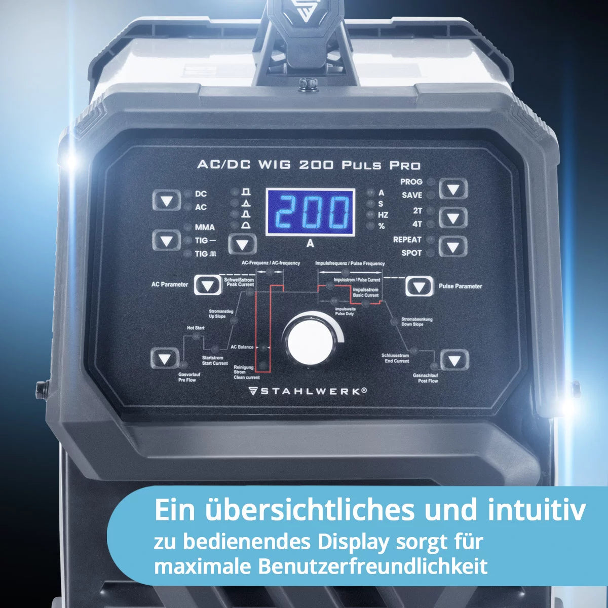 STAHLWERK AC/DC WIG 200 Puls Pro - Digitales Schweißgerät | Inverter mit 200 Ampere, ARC/MMA Funktion, Job-Speicher und IGBT-Technologie, geeignet für Alu und Dünnblech, 7 Jahre Herstellergarantie