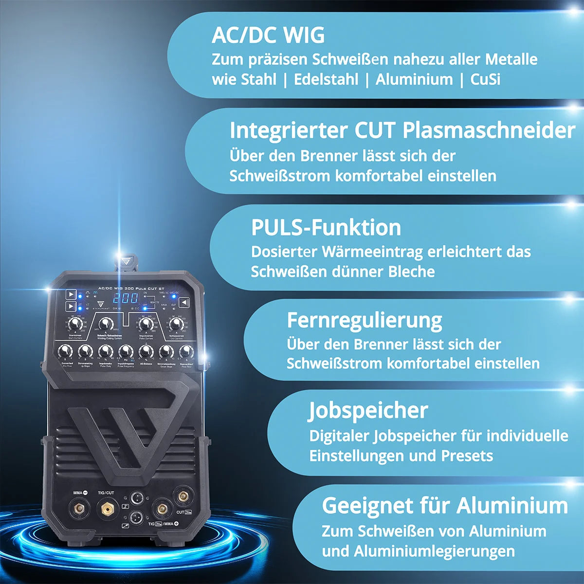 STAHLWERK welding machine AC/DC TIG 200 Puls CUT ST with 200 A TIG & MMA, suitable for aluminum & thin sheet, combination device with 45 A CUT function