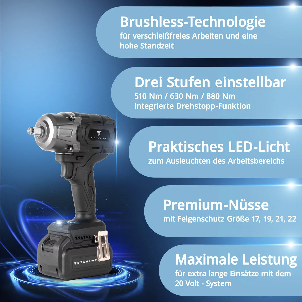 STAHLWERK Akku-Drehschlagschrauber ADS-880 ST | 20 Volt-System | Brushless-Technologie | Akku-Schlagschrauber mit 880 Nm | ½“ Zoll Aufnahme | Inklusive 4 Schonnüsse 17-22 mm | Akku und Ladegerät