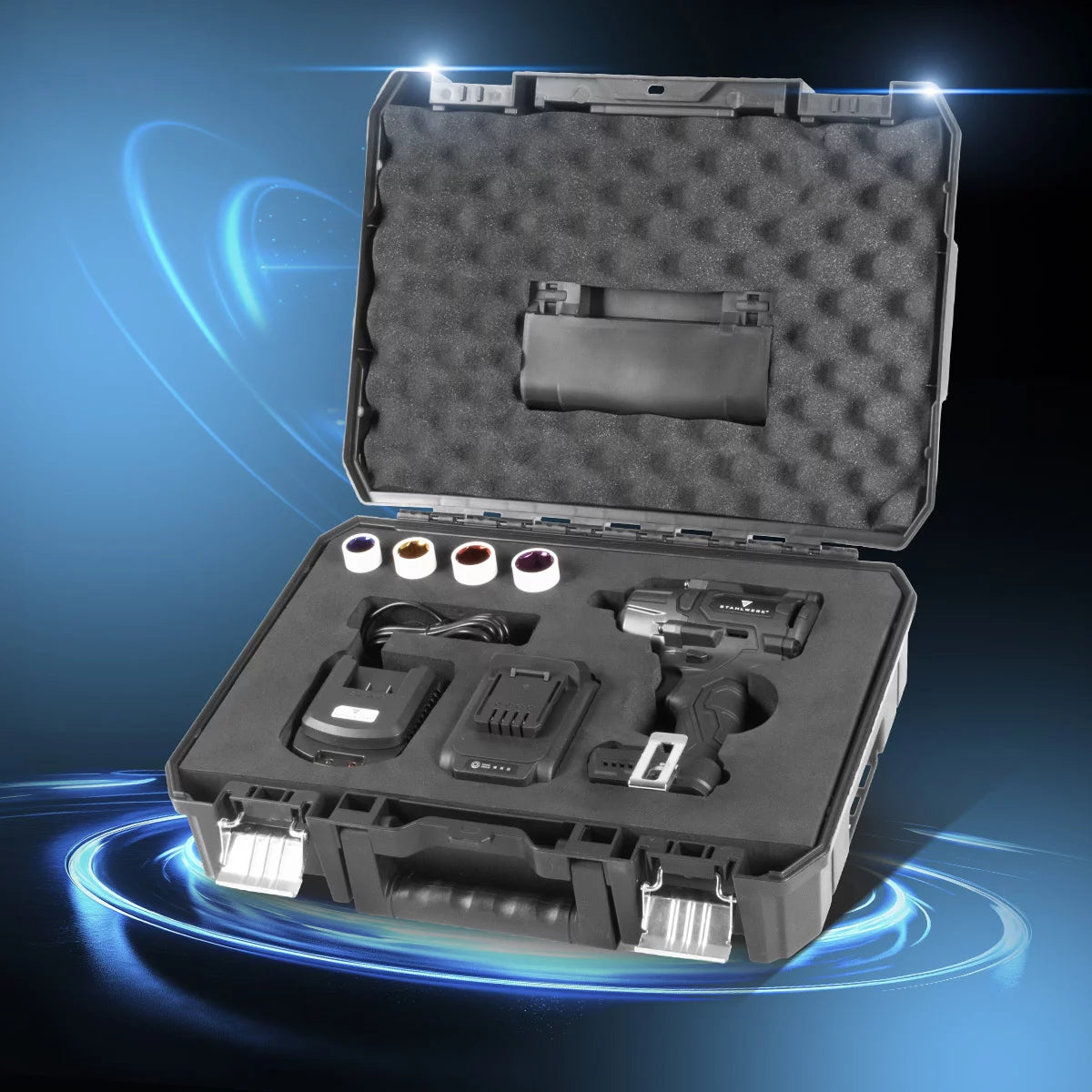 Clé à chocs rotative sans fil STAHLWERK ADS-880 ST | Système 20 volts | Technologie sans balais | Clé à chocs sans fil avec 880 Nm | Support ½" pouces | Comprend 4 douilles de protection 17-22 mm | Batterie et chargeur