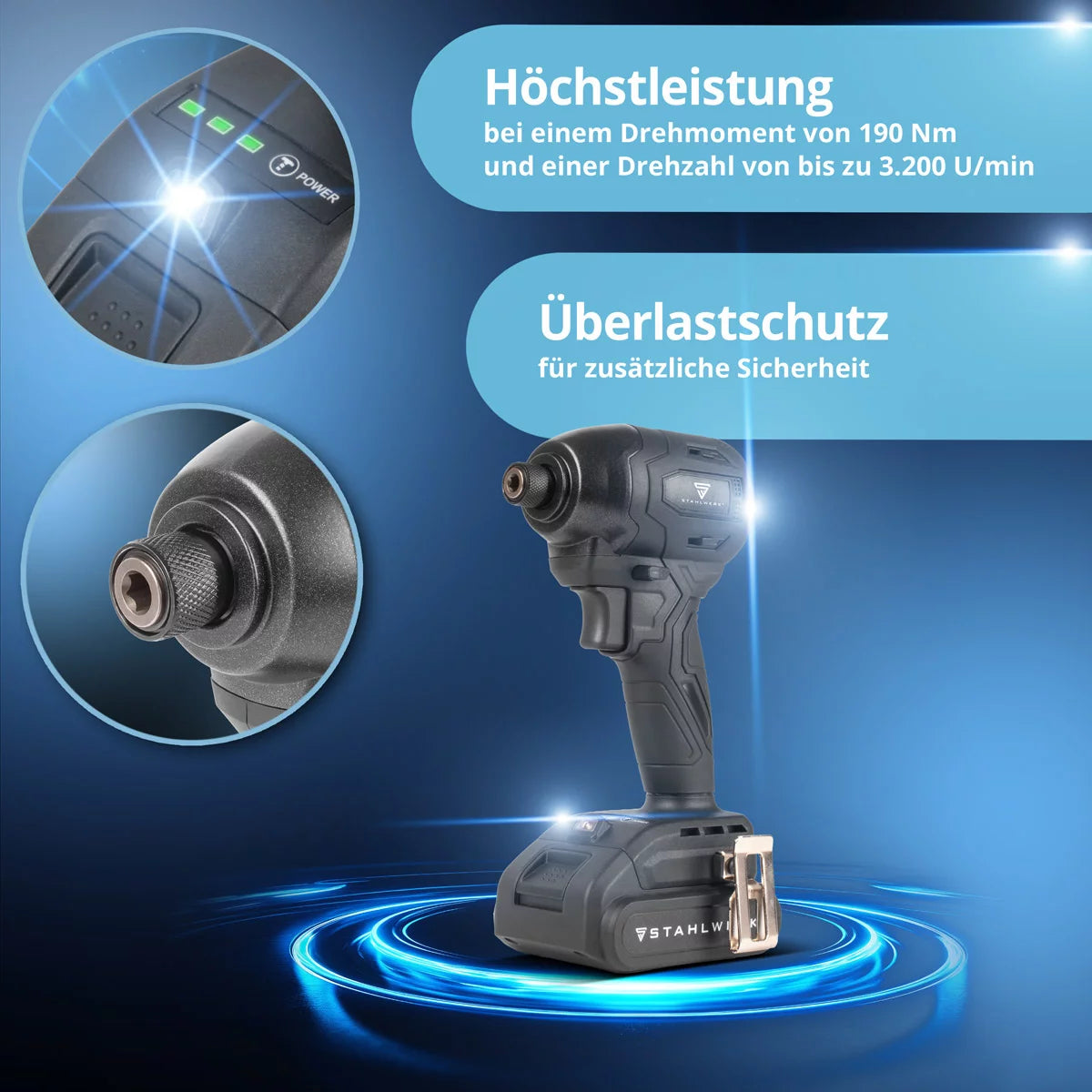 STAHLWERK cordless impact wrench ADS-190 ST | 20 volt system | Cordless screwdriver with brushless technology | Rotary impact wrench 190 Nm | Includes battery and charger | 1/4" hex bit holder