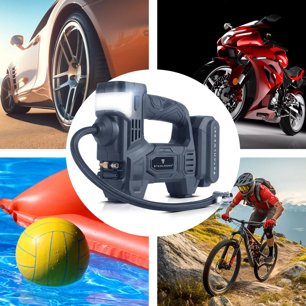 Compresseur d'air sans fil STAHLWERK ADK-20 ST | 72 watts de puissance et batterie 2 Ah | Mini compresseur pour gonfler pneus, ballons | Pompe à air électrique avec affichage numérique et éclairage | Compresseur d'air