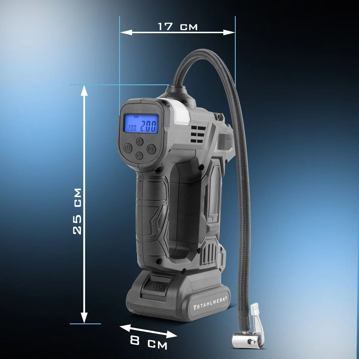 Compresseur d'air sans fil STAHLWERK ADK-20 ST | 72 watts de puissance et batterie 2 Ah | Mini compresseur pour gonfler pneus, ballons | Pompe à air électrique avec affichage numérique et éclairage | Compresseur d'air