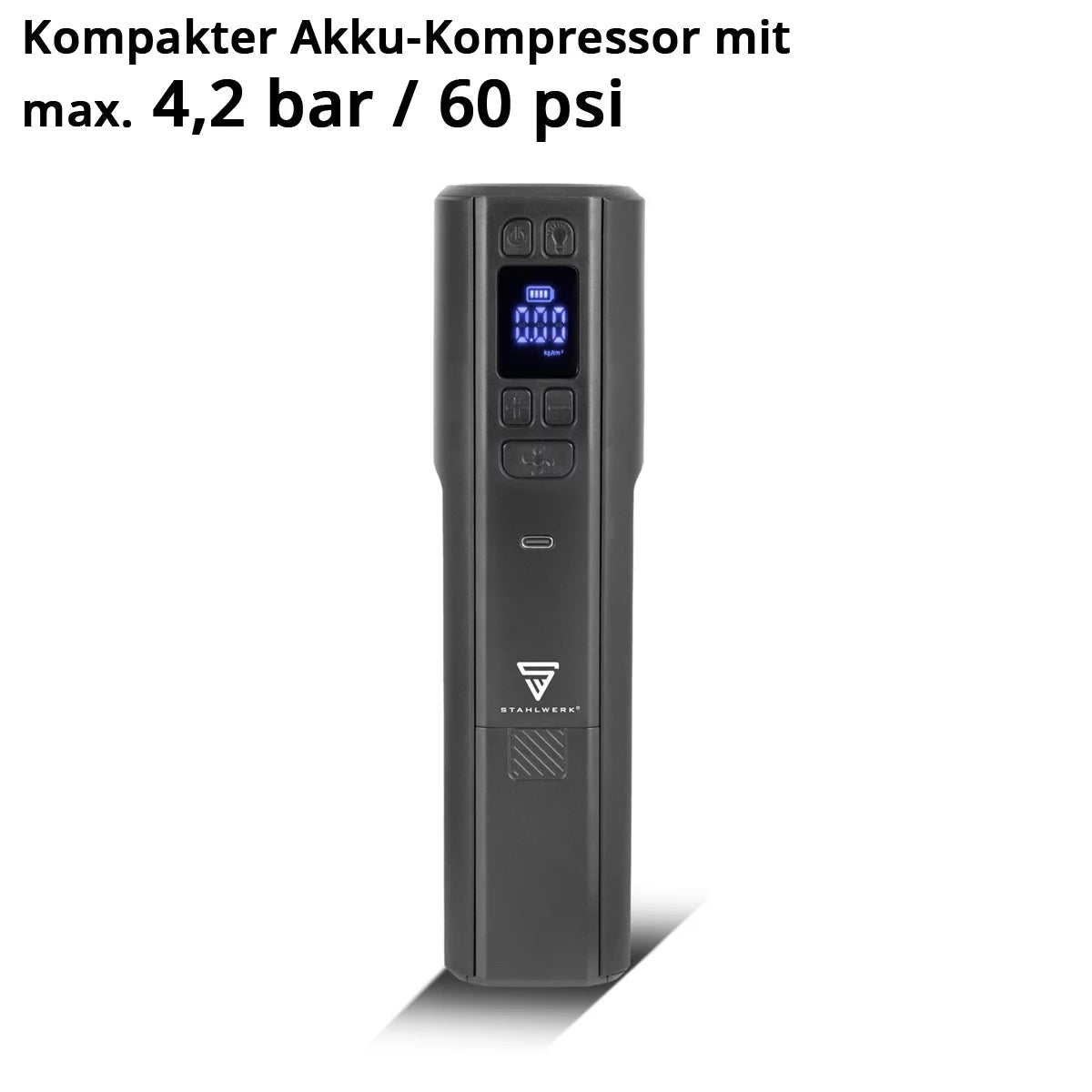 STAHLWERK Akku-Kompressor HF-800 ST | Reifenkompressor mit 4.000 mAh Lithium-Akku | 80 W Leistung, max. 4,2 bar | Digitaldisplay mit psi/bar/kg/cm² | Automatik-Abschaltung | LED-Arbeitslicht