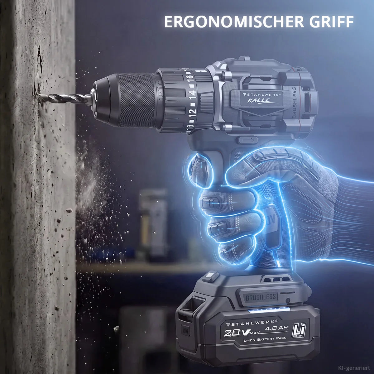 STAHLWERK Akku-Schlagbohrschrauber KALLE | Akkuschrauber | Akkubohrer | Bohrschrauber | 20 Volt-System | 65 Nm Drehmoment | 2-Gang-Getriebe | 13 mm Schnellspannbohrfutter | Brushless