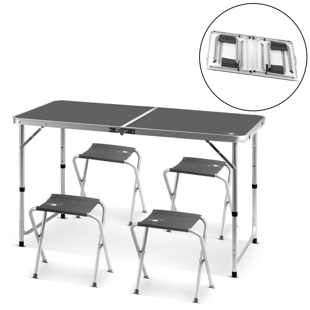 Table de camping en acier avec 4 tabourets | Tableau de pliage réglable en aluminium réglable 120 x 60 x 55 - 70 cm Tableau de jardin | Meubles de camping | Table pliante | Ensembles de table pliables dans l'ensemble avec 4 chaises de camping