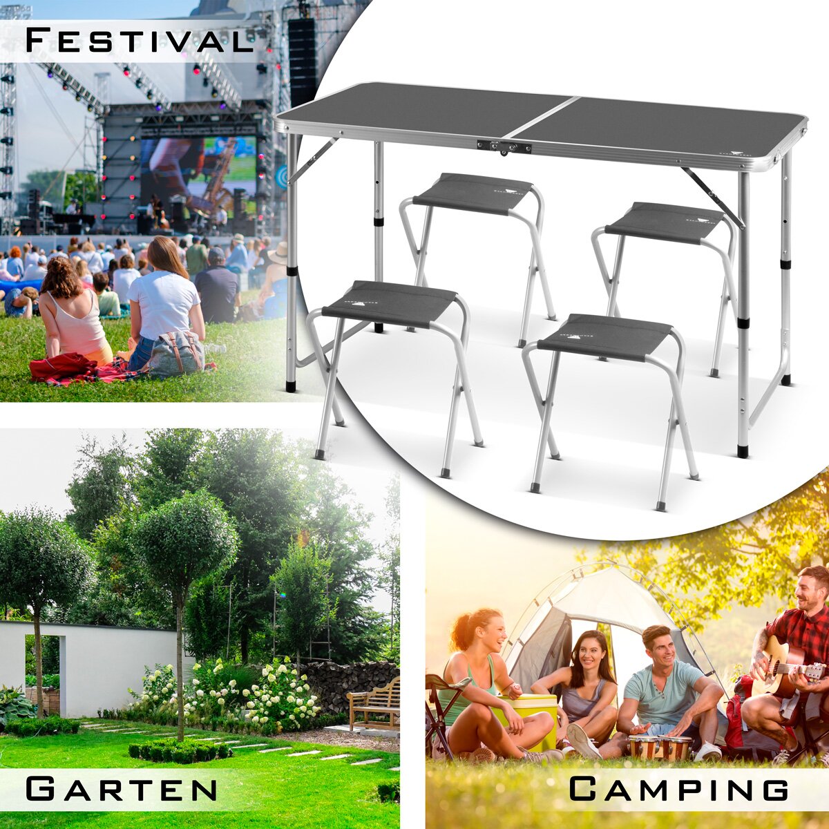 Table de camping en acier avec 4 tabourets | Tableau de pliage réglable en aluminium réglable 120 x 60 x 55 - 70 cm Tableau de jardin | Meubles de camping | Table pliante | Ensembles de table pliables dans l'ensemble avec 4 chaises de camping