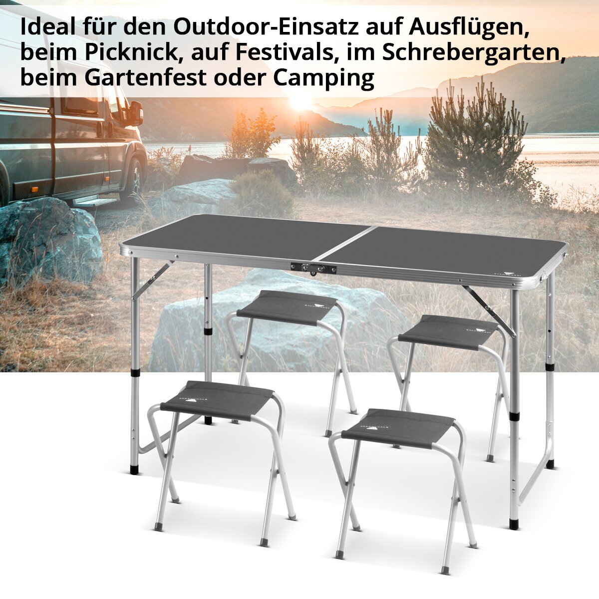 Table de camping en acier avec 4 tabourets | Tableau de pliage réglable en aluminium réglable 120 x 60 x 55 - 70 cm Tableau de jardin | Meubles de camping | Table pliante | Ensembles de table pliables dans l'ensemble avec 4 chaises de camping