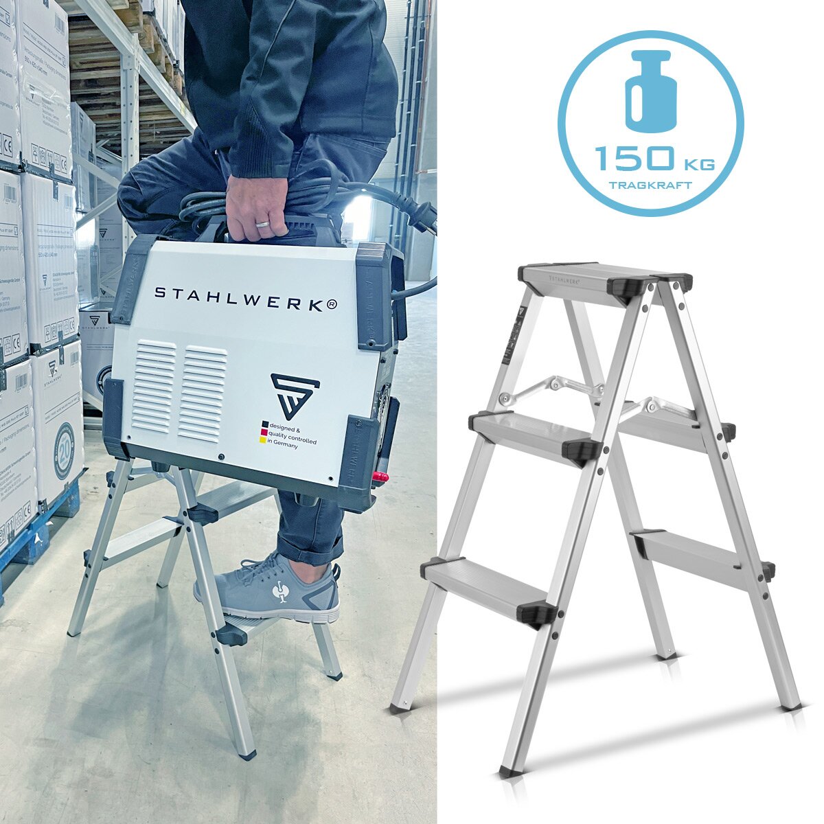 Stahlwerk Alu Heading Manager Alt-150 kg, 3 niveaux, hauteur du support 72 cm, conducteur d'aluminium | Conducteur pliant | Étape de pliage | Gestionnaire multipose | Restez à l'échelle avec des germes sans glissement