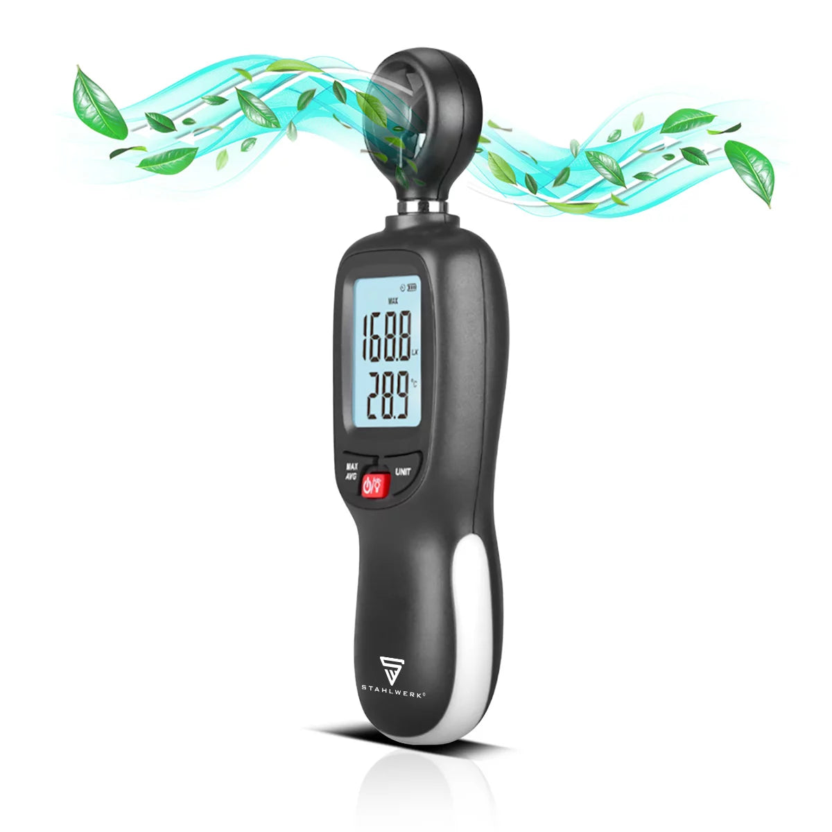 Anémomètre STAHLWERK | Compteur de vitesse de l'air compact 30 m/s | Appareil de mesure du vent | Débitmètre d'air | Mesure précise des données de vitesse du vent | Jauge numérique de température de l'air avec écran LCD