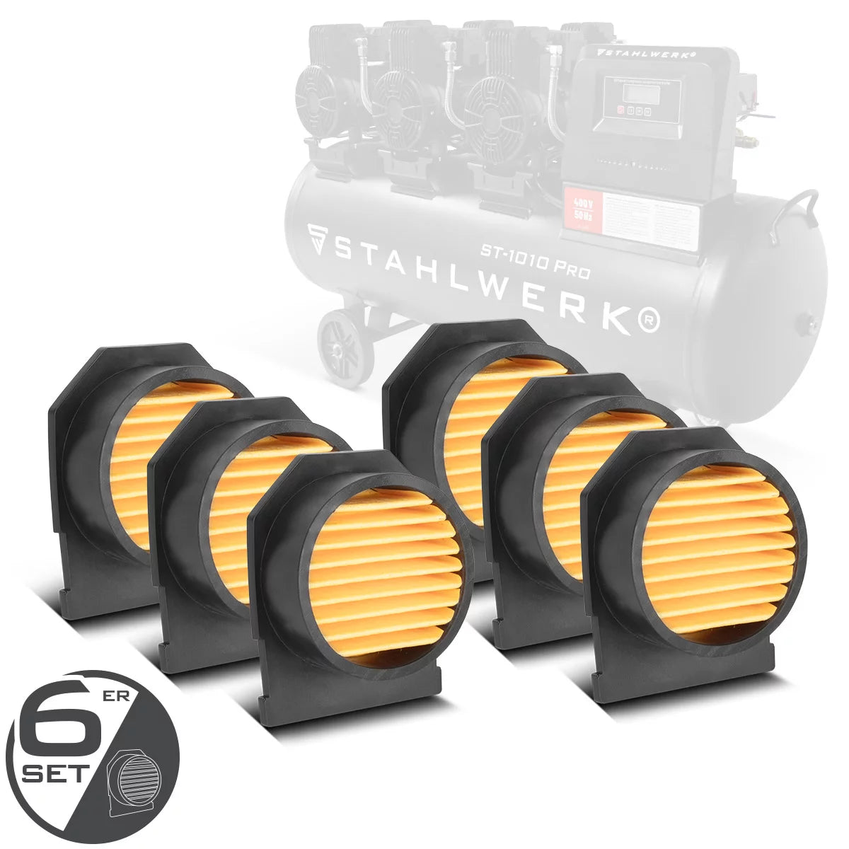 STAHLWERK juego de 6 filtros de aire de admisión para compresores | Filtro de repuesto | Filtro de aire | Filtro de aspiración | Filtro de partículas | Filtro de compresor diseñado para 900 – 1450 vatios