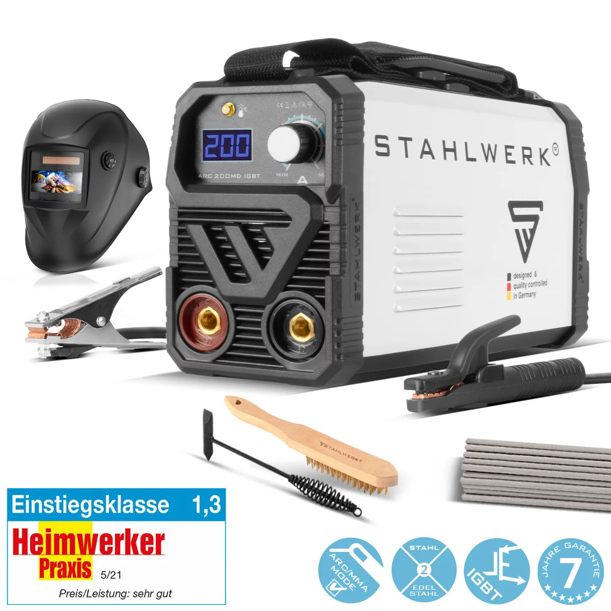 ماكينة لحام STAHLWERK ARC 200 MD مجهزة بالكامل - DC MMA | اليد الإلكترونية| عاكس Lift-TIG بقدرة 200 أمبير، وتقنية IGBT ولوحة واحدة، ضمان الشركة المصنعة لمدة 7 سنوات