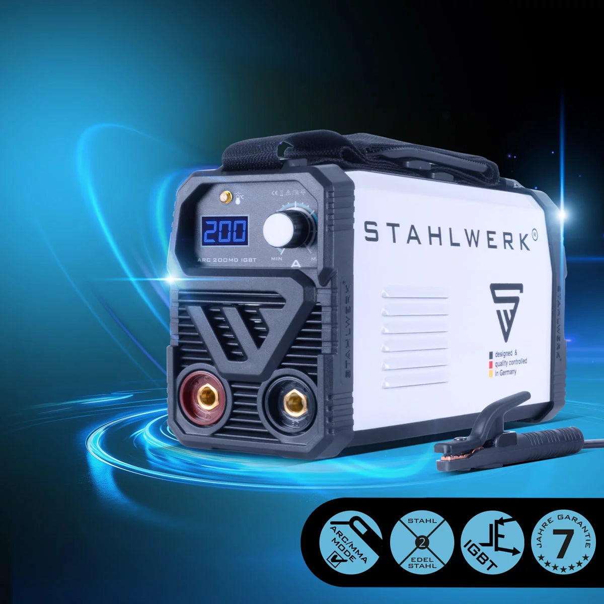 ماكينة لحام STAHLWERK ARC 200 MD مجهزة بالكامل - DC MMA | اليد الإلكترونية| عاكس Lift-TIG بقدرة 200 أمبير، وتقنية IGBT ولوحة واحدة، ضمان الشركة المصنعة لمدة 7 سنوات