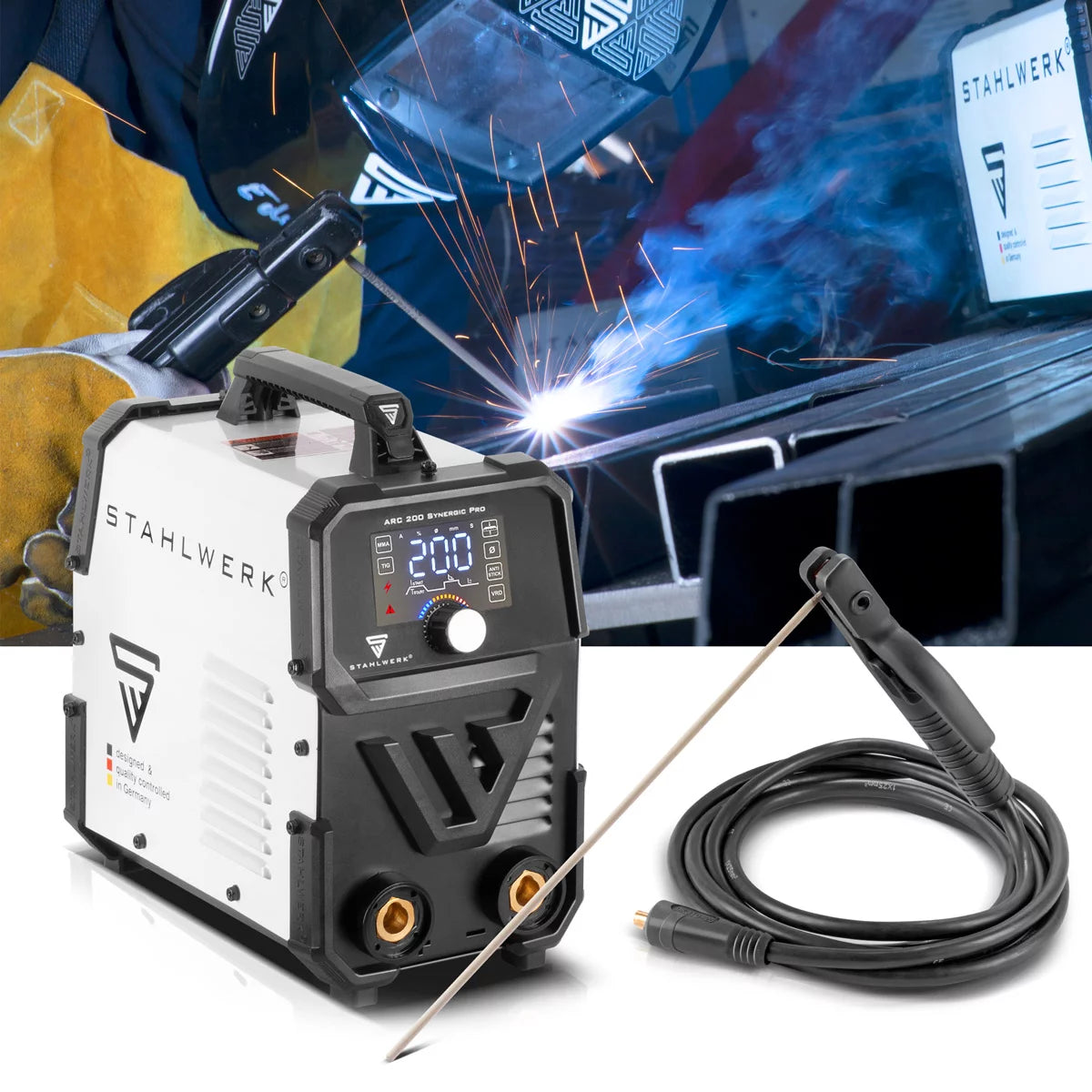 Stahlwerk ARC 200 Synergic Pro Full Equipment electrode welding device, fully syngian MMA | E-hand | Lift-Tig inverter with 200 ampere and IGBT technology