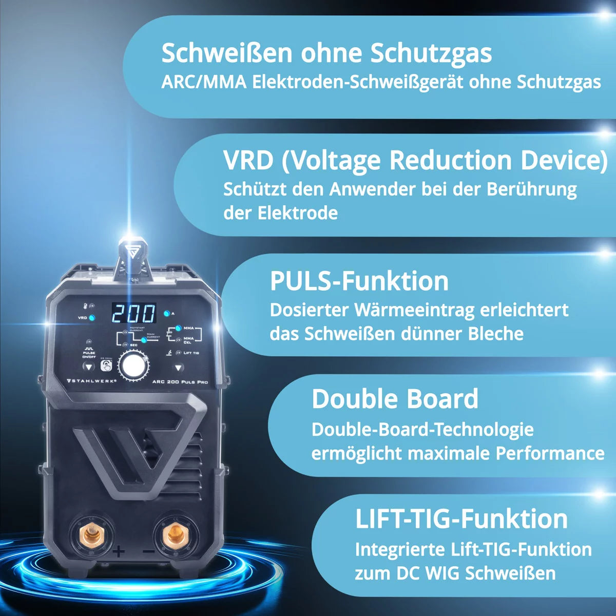 Stahlwerk ARC 200 pulse per full equipment electrode welding device, compact MMA | E-hand | Lift-Tig inverter with 200 amps, IGBT technology and pulse function