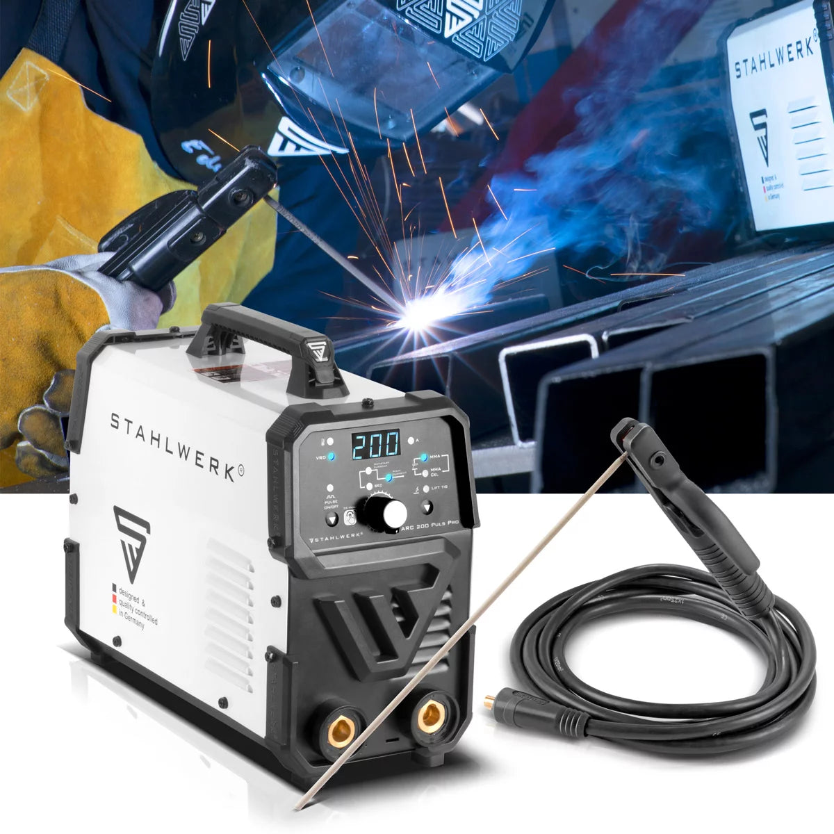 Stahlwerk Arc 200 Puls Pro Electrode Souding Dispositif, compact MMA | E-main | Onduleur de lifting-tig avec 200 ampères, technologie IGBT et fonction d'impulsion