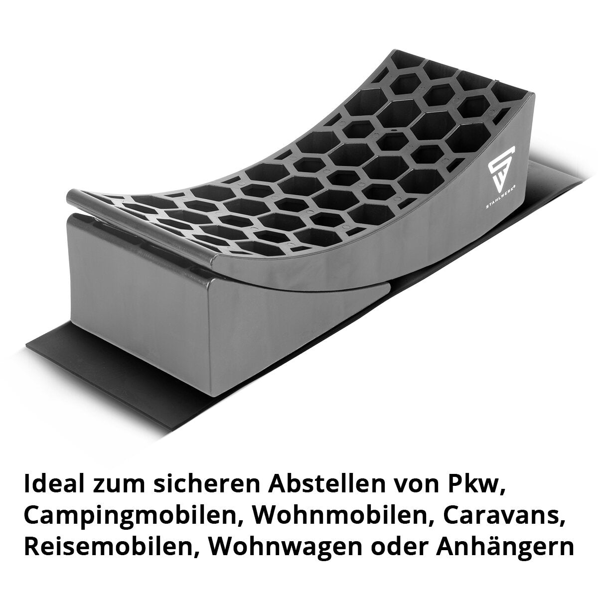 STAHLWERK Auffahrkeile GT-17 ST 2er Set bis 15,8 t Achslast Unterlegkeil | Stufenkeil | Ausgleichskeil | Rundkeil für Reisemobil, Campingmobil, Wohnmobil, Caravan oder Wohnwagen