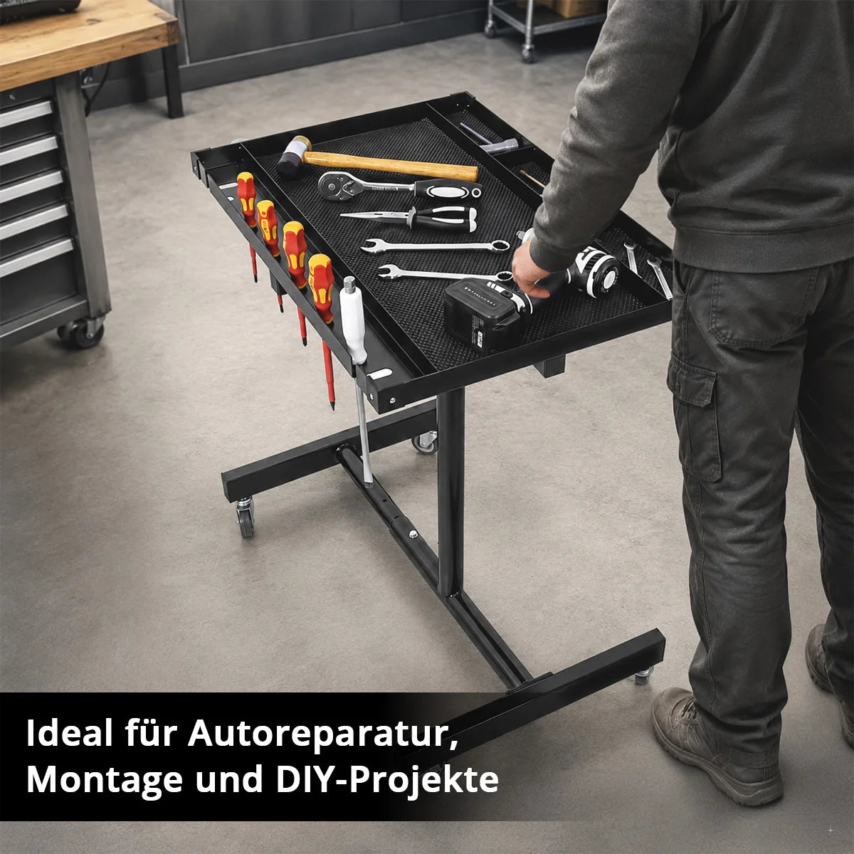 STAHLWERK Kfz-Wartungs- und Montagewagen mit Schublade | Höhenverstellbarer Arbeitstisch | 87,3 – 125 cm | 100 kg Tragkraft | Mobile Werkbank | Ideal für Garage, Werkstatt, Autoreparatur und DIY
