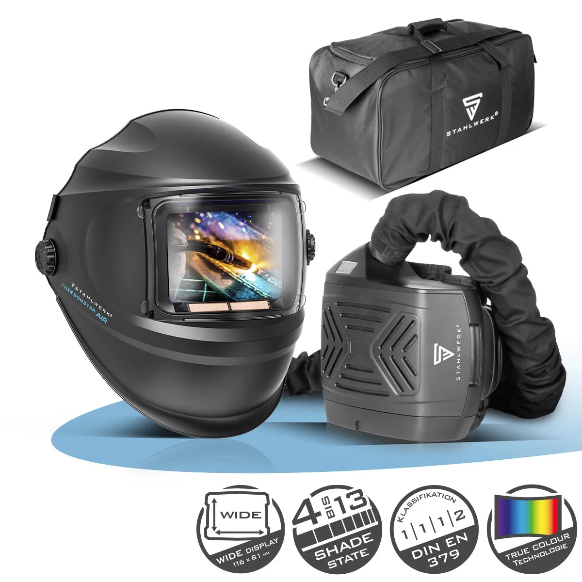 Casco de soldadura automático STAHLWERK 3 en 1 BOOSTER AIR | Casco de soldadura con suministro de aire fresco | sistema PAPR | Reproducción de color verdadero | Memoria de trabajo | Oscurecimiento DIN 4 hasta DIN 13 | Clase óptica 1/1/1/2