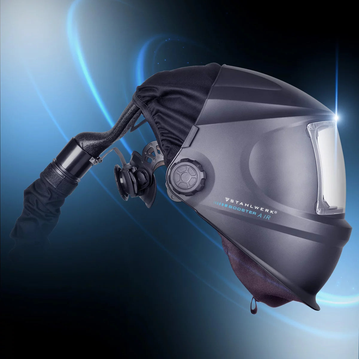 Casco de soldadura automático STAHLWERK 3 en 1 BOOSTER AIR | Casco de soldadura con suministro de aire fresco | sistema PAPR | Reproducción de color verdadero | Memoria de trabajo | Oscurecimiento DIN 4 hasta DIN 13 | Clase óptica 1/1/1/2