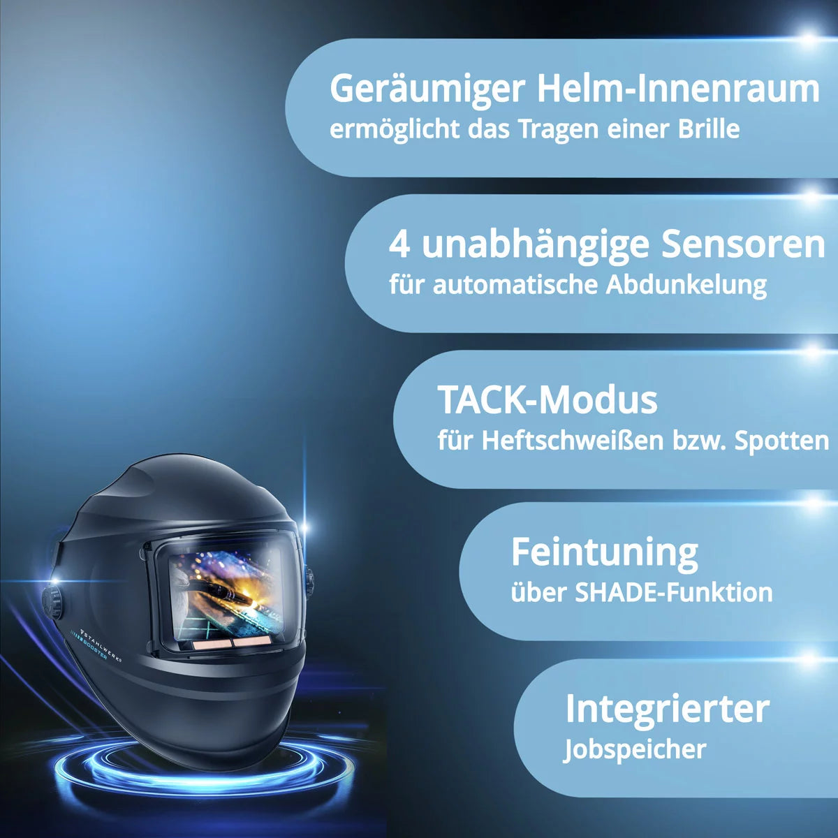 Casco de soldadura automático STAHLWERK 3 en 1 BOOSTER AIR | Casco de soldadura con suministro de aire fresco | sistema PAPR | Reproducción de color verdadero | Memoria de trabajo | Oscurecimiento DIN 4 hasta DIN 13 | Clase óptica 1/1/1/2