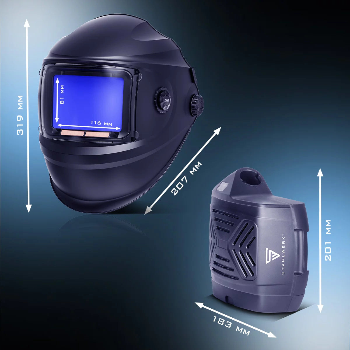 Casco de soldadura automático STAHLWERK 3 en 1 BOOSTER AIR | Casco de soldadura con suministro de aire fresco | sistema PAPR | Reproducción de color verdadero | Memoria de trabajo | Oscurecimiento DIN 4 hasta DIN 13 | Clase óptica 1/1/1/2