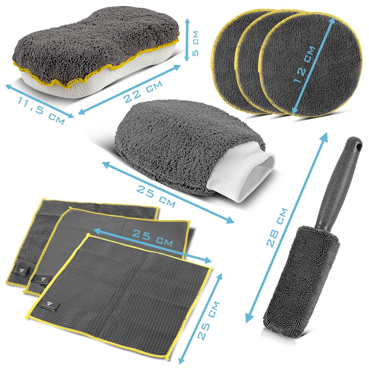 Conjunto de limpieza de autor de Stahlwerk Set de 9 partes. Conjunto de preparación | Conjunto de lavado automático | Detallado Conjunto con tela de microfibra, pincel de borde, guante de lavado, esponja y almohadillas de aplicador