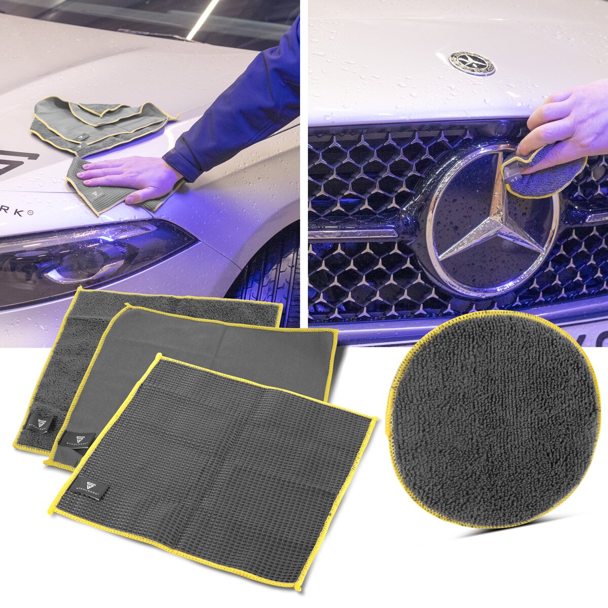 Conjunto de limpieza de autor de Stahlwerk Set de 9 partes. Conjunto de preparación | Conjunto de lavado automático | Detallado Conjunto con tela de microfibra, pincel de borde, guante de lavado, esponja y almohadillas de aplicador