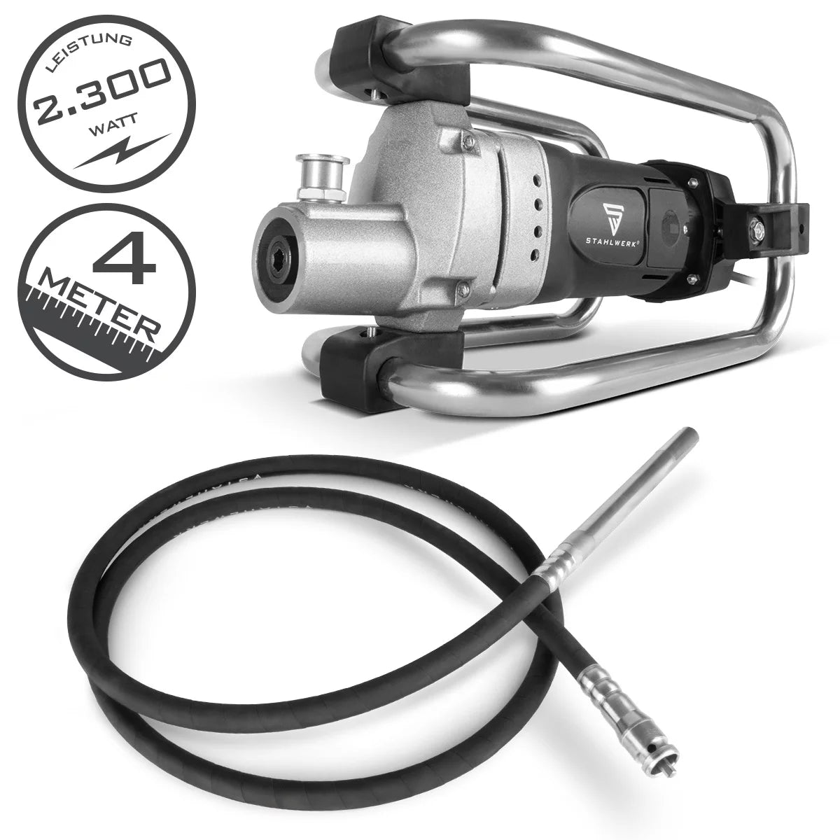 Compattatore per calcestruzzo STAHLWERK BR-2300 ST | 2.300 Watt a 4.000 giri/min | Bottiglia vibrante Ø 35 mm | Set di tubi flessibili da 400 cm | Forte vibratore per calcestruzzo | Tubo vibrante per pareti, soffitti, fondazioni