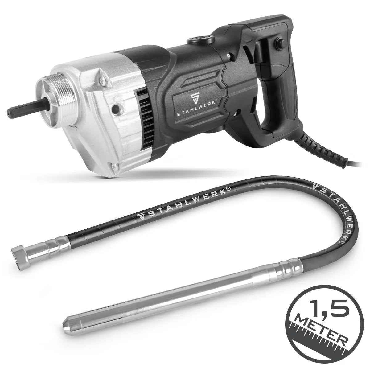 STAHLWERK concrete compactor 900 watts with vibrating bottle 35 mm, 1.5 m hose length | 4,000 rpm | Internal vibrator for foundations, floor slabs, walls, ceilings | High-performance compactor for concrete construction