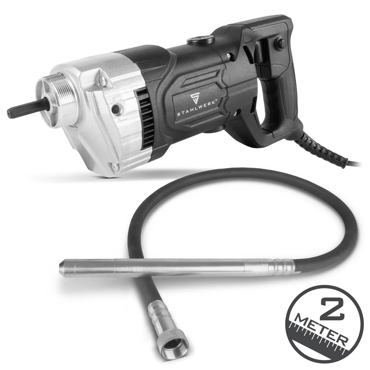 Compattatore per calcestruzzo STAHLWERK 900 Watt con bottiglia vibrante 35 mm, lunghezza tubo 2 m | 4.000 giri/min | Vibratore interno per fondazioni, solai, pareti, soffitti | Compattatore ad alte prestazioni per costruzioni in calcestruzzo