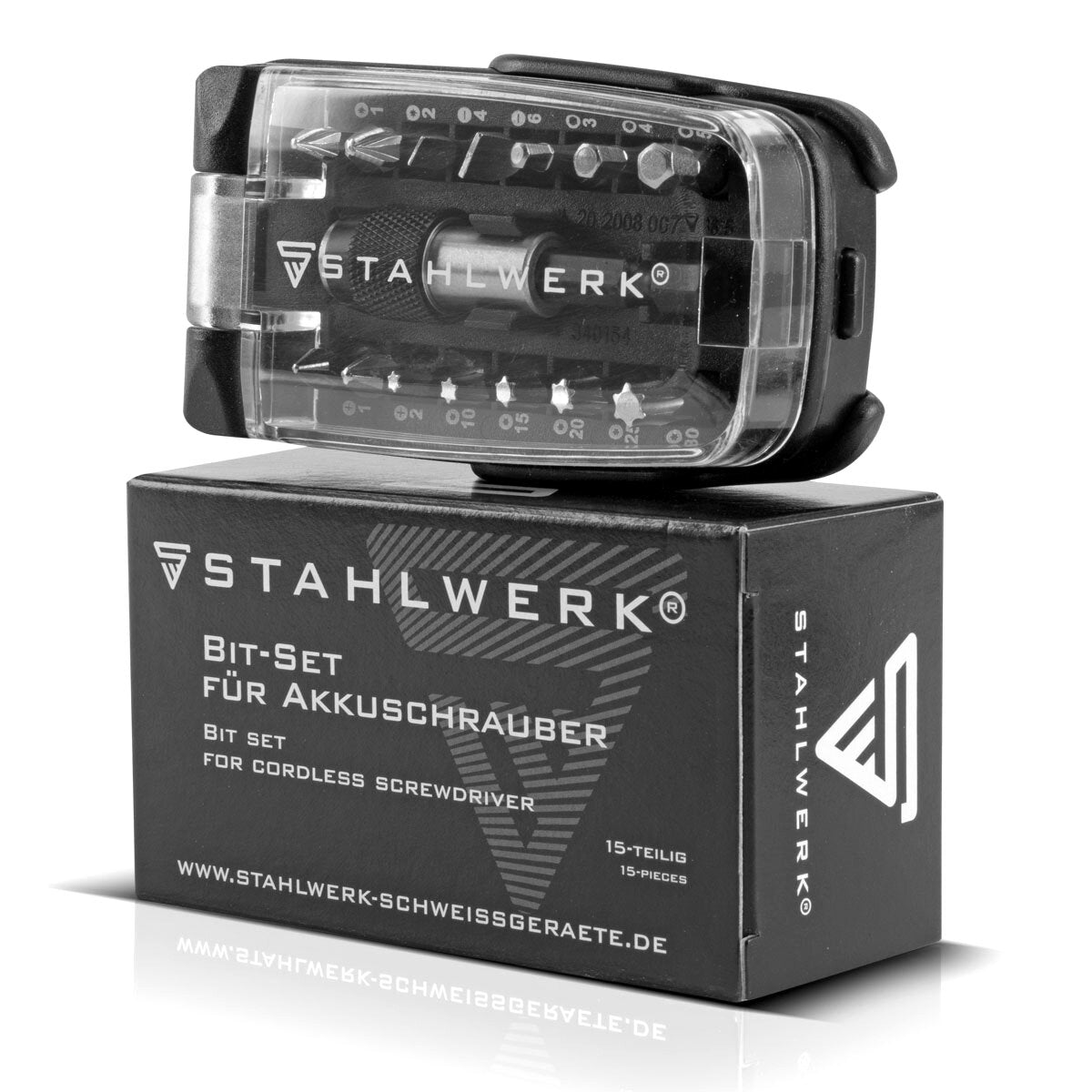 STAHLWERK 15-teiliges Profi-Bit-Set aus Chrom-Vanadium-Stahl mit Magnethalter und Schnellwechsel-Vorrichtung für Akku-Schrauber und Handbohrmaschinen