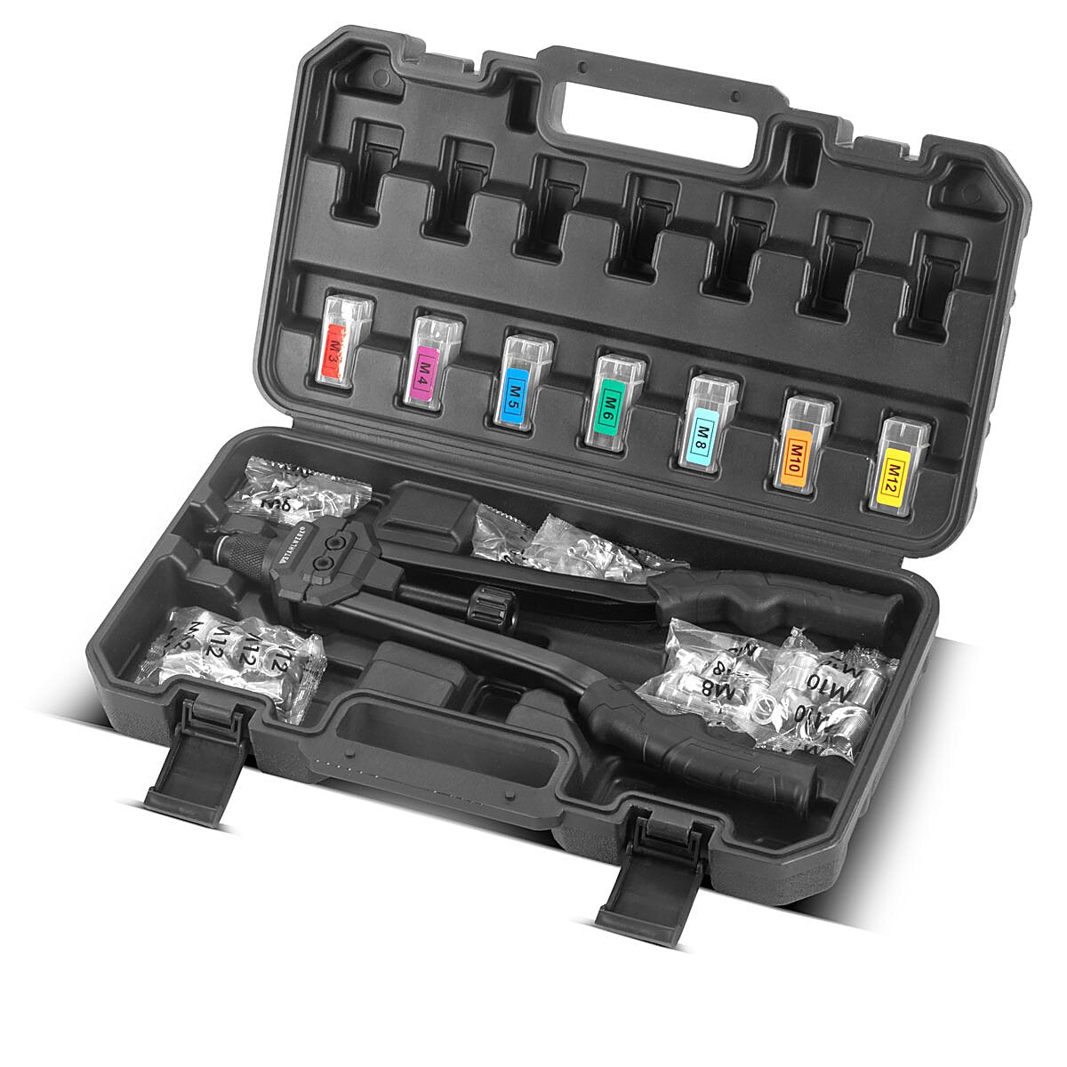 Lingua cieca in acciaio set NZ-16 St Nietzange | Pinze di noci a rivetta | Pinze popniet | Pinza per diffamazione con mutevole thread M3 | M4 | M5 | M6 | M8 | M10 | M12 tra cui 70 dadi e valigie