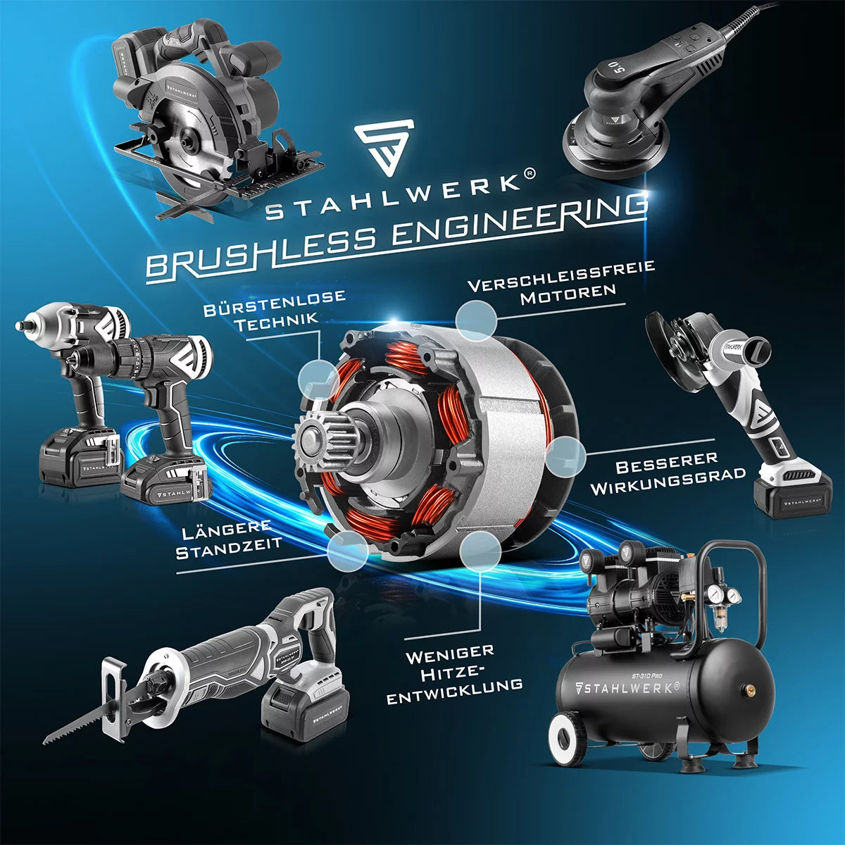 STAHLWERK Brushless Akku Winkelschleifer AWS-20 Bürstenlos 20 V/4Ah Akku System, 0 - 7500 min-1, Scheibengrößen 115 mm & 125 mm, inklusive 1 x 4 Ah Akku und Ladegerät