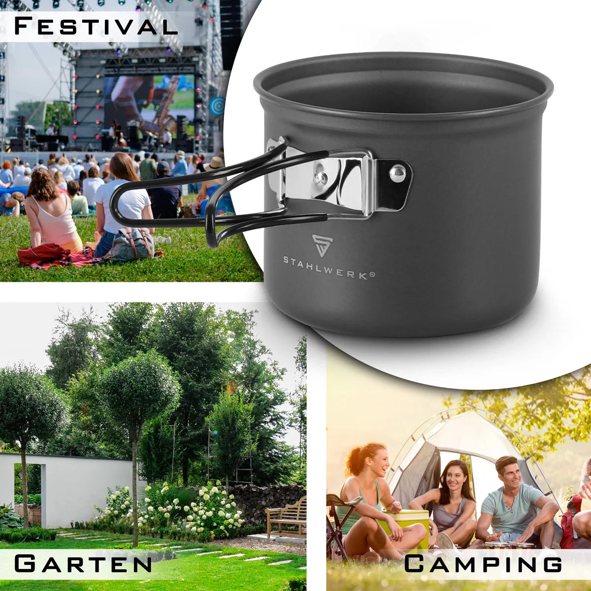Cocina de cocina Stahlwerk Camping | Arnés de campamento de aluminio conjunto completo con olla, sartén, olla de gas, conchas de plástico y cubiertos | Juego de chef al aire libre de alta calidad