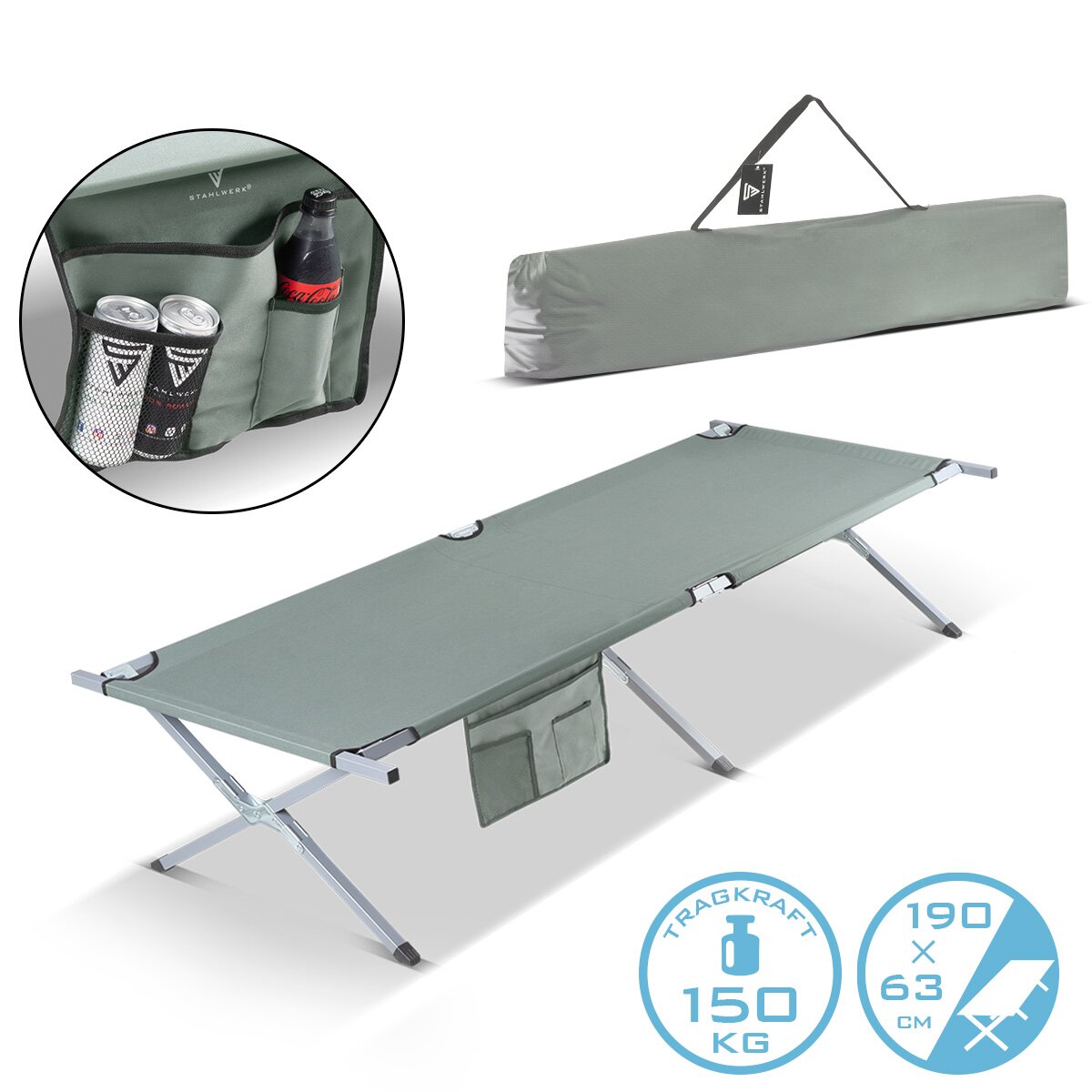 Louant de camping Steelworks CL-190 Lit de terrain pliable avec une capacité de charge de 150 kg 190 x 63 cm lit de camping | Lit pliant | Lit pliant | Pliant allongé | Lit invité | Chauffre pliant avec sac de transport