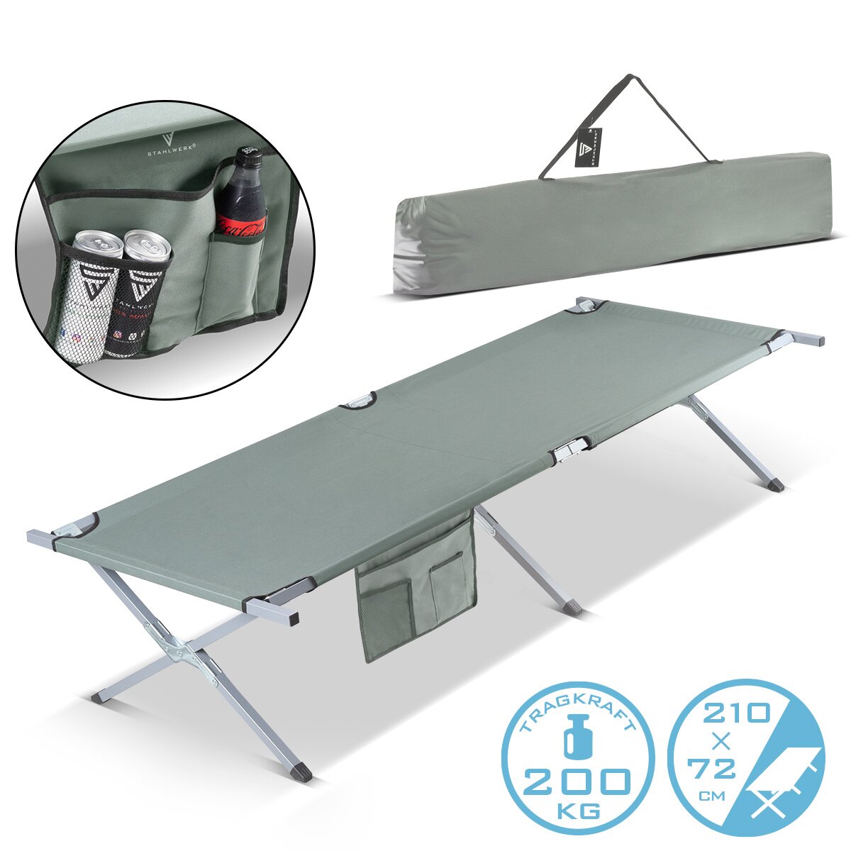 Steelworks Camping Lounger CL-210 ST Lit de terrain pliable xxl avec une capacité de charge de 200 kg 210 x 72 cm lit de camping | Lit pliant | Lit pliant | Pliant allongé | Lit invité | Chauffre pliant avec sac de transport