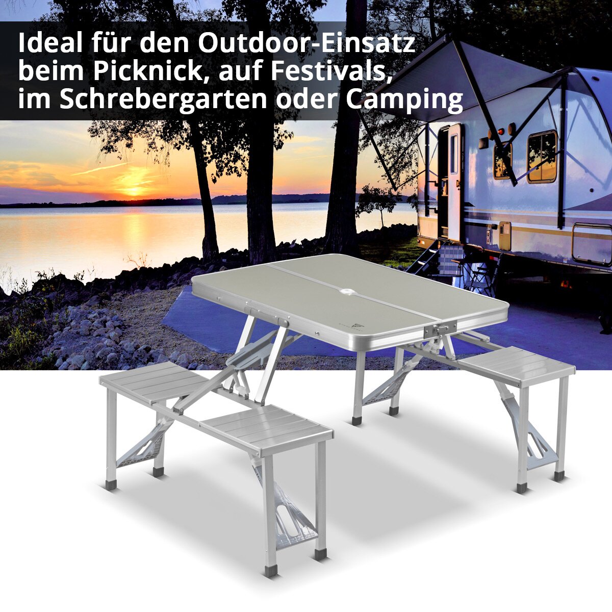 STAHLWERK Campingtisch mit Stühlen | Faltbarer Aluminium-Klapptisch | Gartentisch | Biertisch | Campingmöbel | Falttisch | klappbare Tischgarnitur im Set mit Campingstühlen für 4 Personen