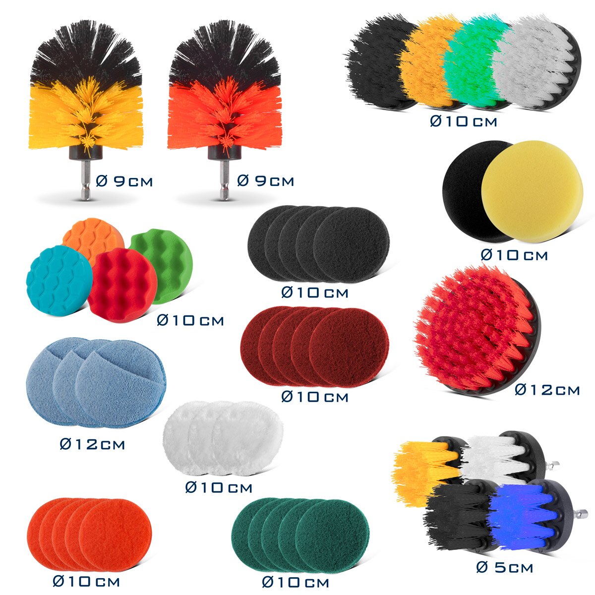 STAHLWERK Bürsten-Aufsatz 45er Set für Akkuschrauber und Bohrmaschinen, Klett-Schleifpads, Reinigungsbürsten und Polierschwämme mit Standard-Bit-Aufnahme inklusive Verlängerungs-Adapter