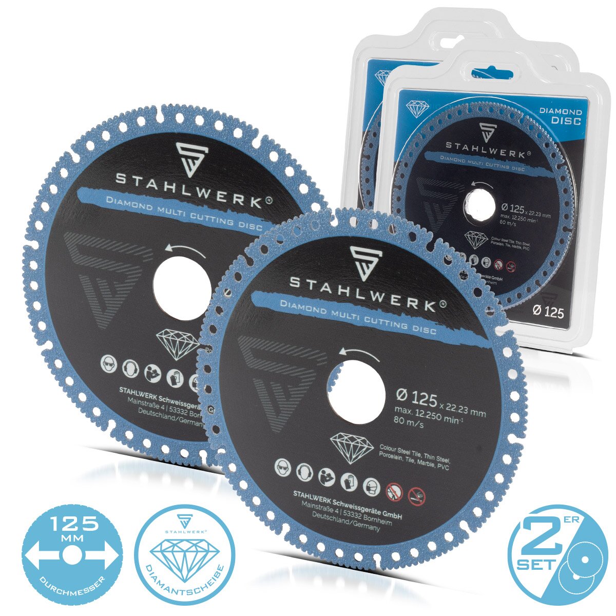 Steelworks Diamant Multi separating disc 2 Set 125 x 22.23 mm | Steel, porcelain, marble, PVC | High cutting precision & long service life