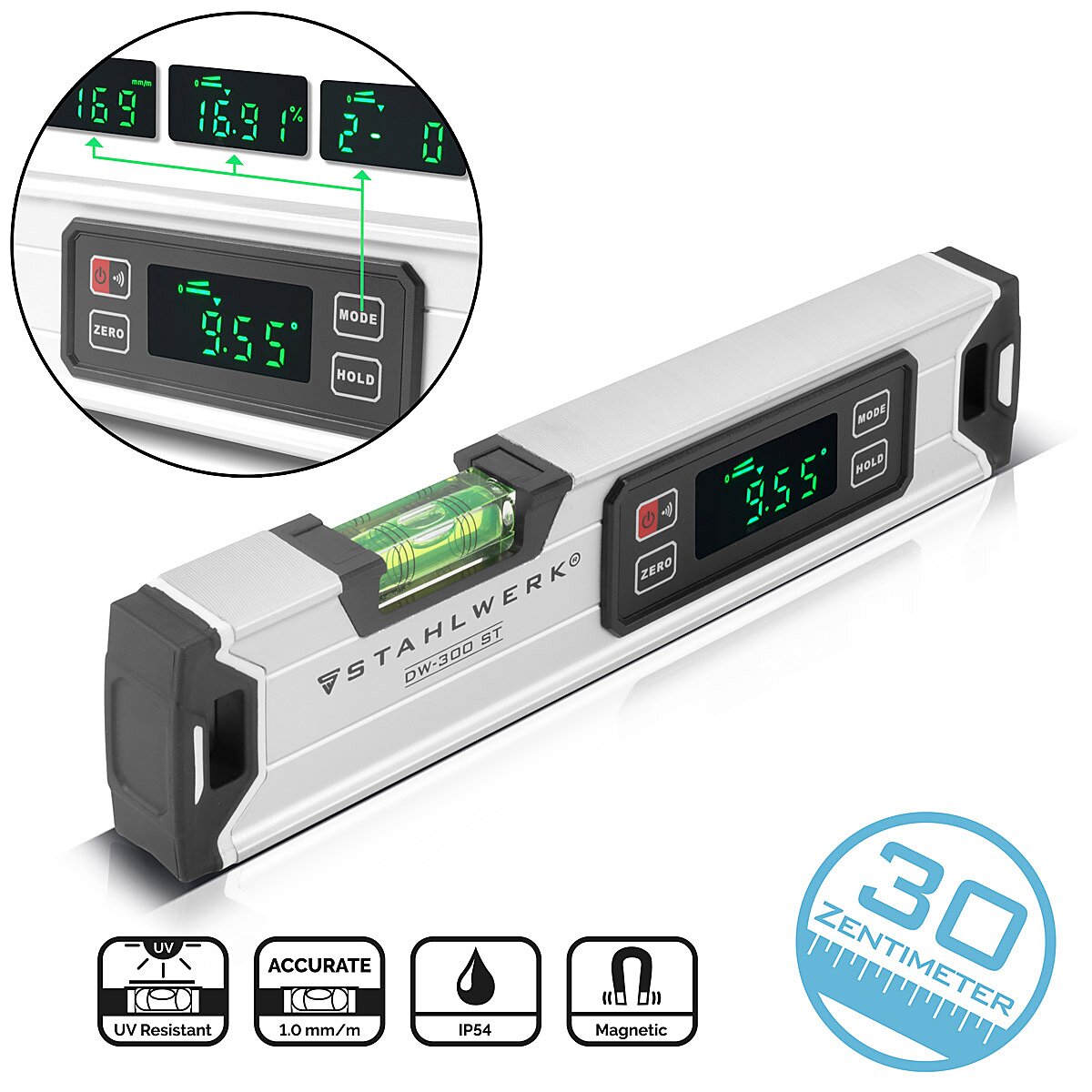 Steelworks Digital Water Scale DW-300 ST en aluminium avec une échelle directionnelle magnétique de longueur de 300 mm | Échelle de l'eau de l'aimant | Échelle d'eau en aluminium | Échelle d'eau numérique | Couteau en linge