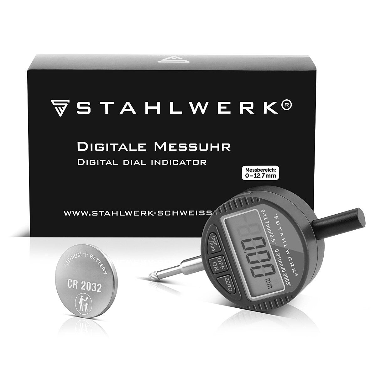 Steelworks Digital dial with 0-12.7 mm (0.5 ") measuring range, measuring button for precision measurements in millimeters and customs