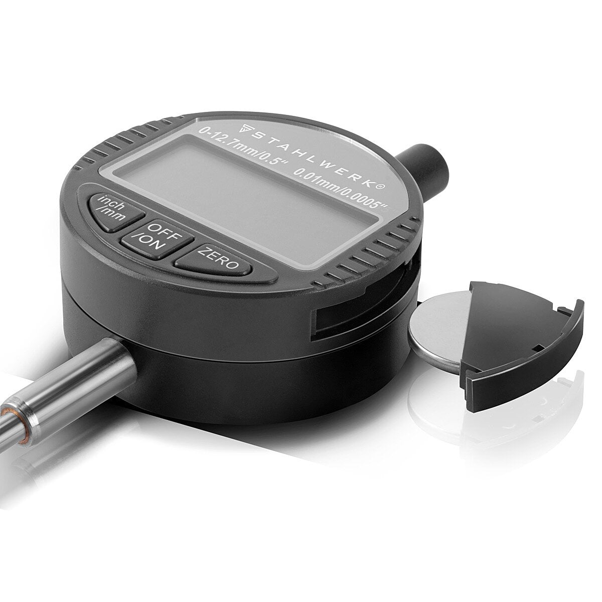 Steelworks Digital dial with 0-12.7 mm (0.5 ") measuring range, measuring button for precision measurements in millimeters and customs