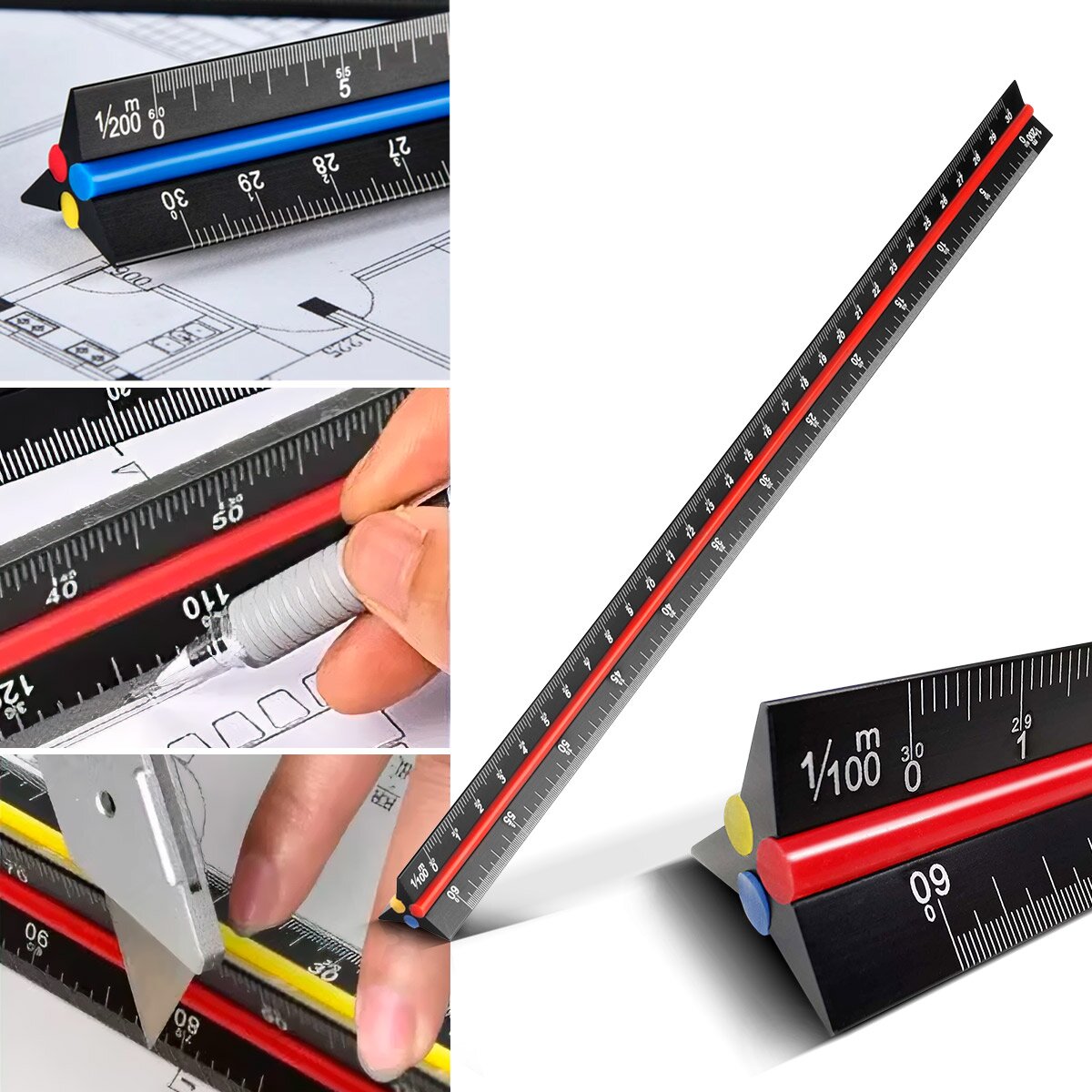 Steelworks Dreikant-Line-Lineal 3 Set 30 cm with metric scales in a scale of 1: 100 | 1: 200 | 1: 300 | 1: 400 | 1: 500 | 1: 600 triangular aluminum scale | Dreikant scale | Architects-Lineal