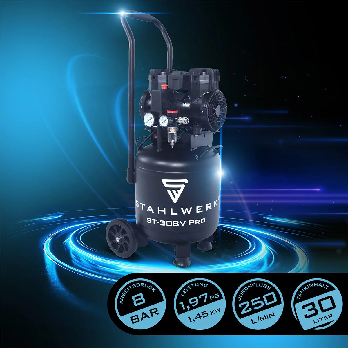 ضاغط STAHLWERK ST-308V Pro مع 8 بار | 1.97 حصان | 1.45 كيلو واط | 250 لتر/دقيقة | خزان 30 لتر | ضاغط هواء مضغوط مدمج | ضاغط مكبس | ضاغط صامت | ضاغط الهمس بمحرك بدون فرش