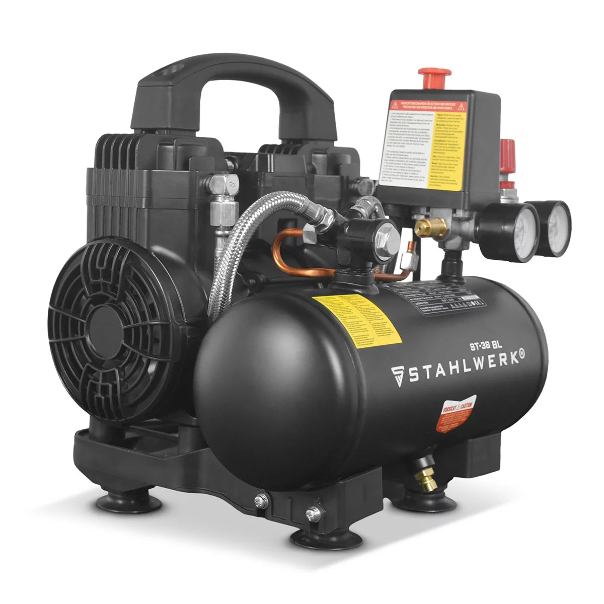 STAHLWERK Kompressor ST-38 BL mit 8 bar | 1,22 PS | 0,90 kW | 170 l/min | 3 L Tank ölfreier Druckluft-Kompressor | Kolben-Kompressor | Silent-Kompressor | Flüster-Kompressor mit Brushless-Motoren