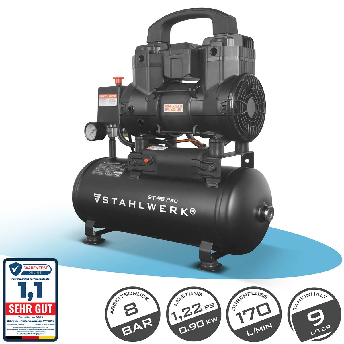 Compressore STAHLWERK ST-98 Pro con 8 bar | 1,22 cv | 0,90kW| 170 l/min | Compressore d'aria compressa senza olio con serbatoio da 9 litri | Compressore a pistone | Compressore silenzioso | Compressore Whisper con motori brushless