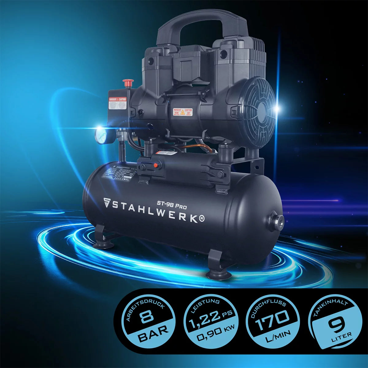 Compressore STAHLWERK ST-98 Pro con 8 bar | 1,22 cv | 0,90kW| 170 l/min | Compressore d'aria compressa senza olio con serbatoio da 9 litri | Compressore a pistone | Compressore silenzioso | Compressore Whisper con motori brushless
