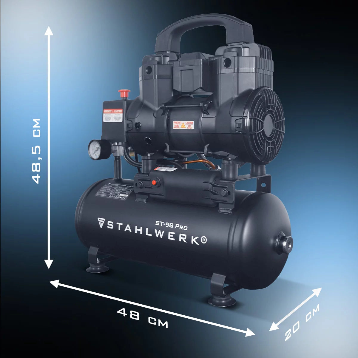 Compressore STAHLWERK ST-98 Pro con 8 bar | 1,22 cv | 0,90kW| 170 l/min | Compressore d'aria compressa senza olio con serbatoio da 9 litri | Compressore a pistone | Compressore silenzioso | Compressore Whisper con motori brushless