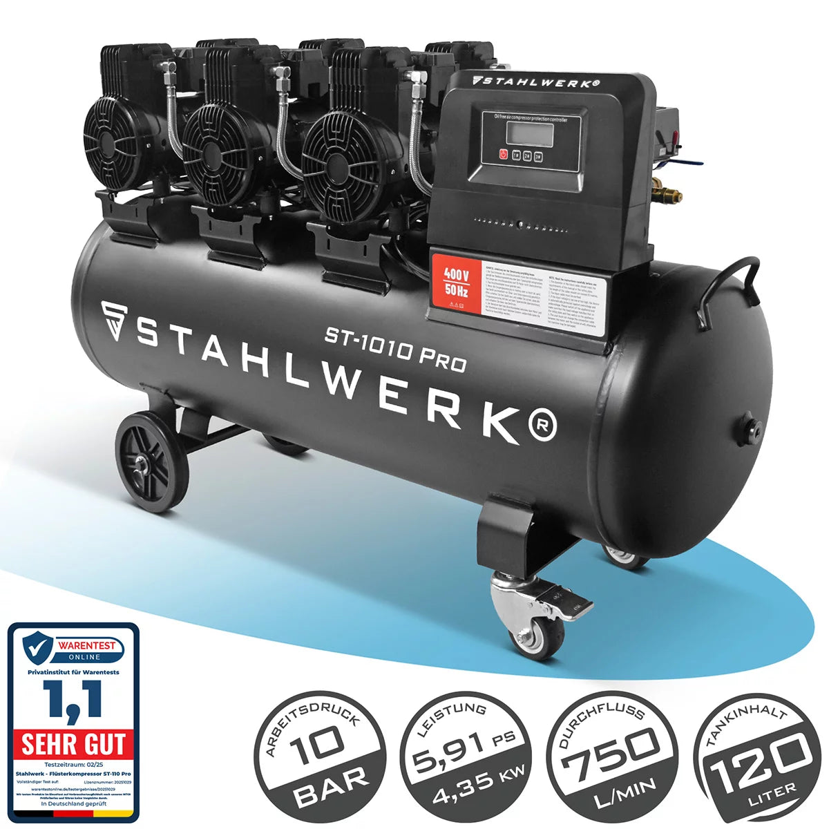 ضاغط STAHLWERK ST-1010 Pro بـ 10 بار | 5.91 حصان | 4.35 كيلو واط | 750 لتر/دقيقة | ضاغط هواء مضغوط بدون زيت سعة 120 لتر | ضاغط مكبس | ضاغط صامت | ضاغط الهمس بمحركات بدون فرش